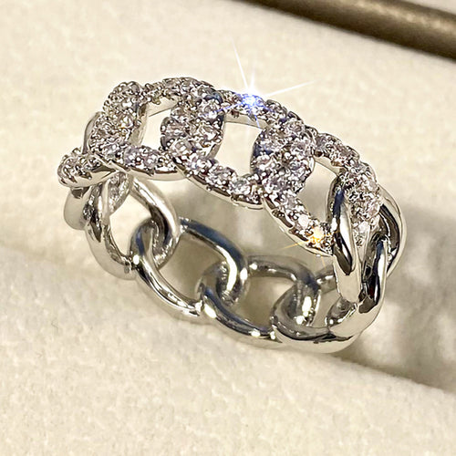 Second product view showing pave chain-link wide ring in gold and silver tone styles