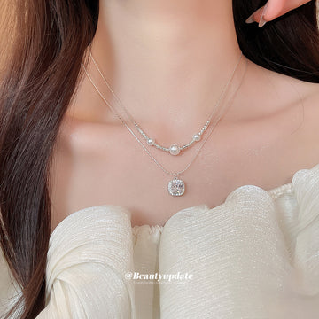 Layered Pearl Bead Necklace with Square Crystal Pendant