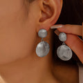 Ribbed Double Disc Drop Earrings Gold Steel Metal Stud Posts view 3