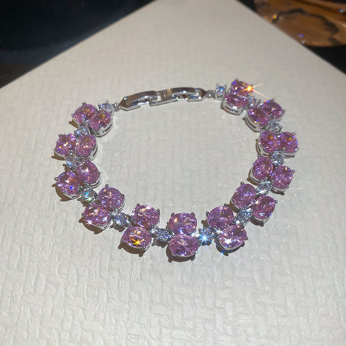 Silver Double Row Oval Crystal Flower Link Bracelets