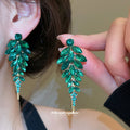 Pair of Metal Tone Leaf Crystal Drop Earrings in Pink and Green view 2