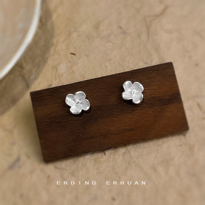Mini Silver Tone Textured Four Petal Flower Stud Earrings