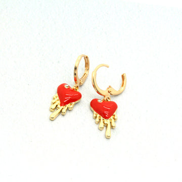 Gold Tone Red Heart Drip Charm Huggie Drop Earrings
