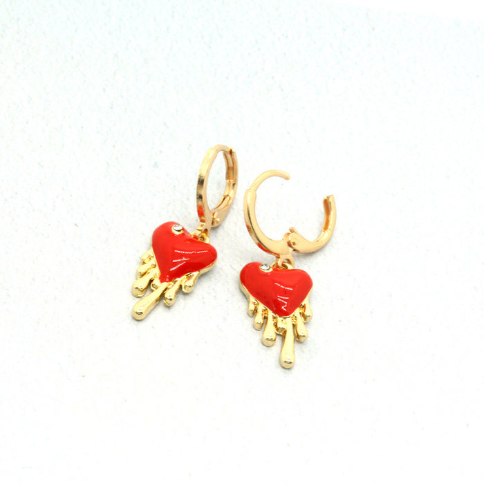 Gold Tone Red Heart Drip Charm Huggie Drop Earrings