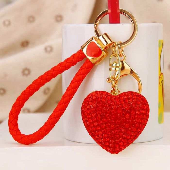 Jeweled Heart Keychains with Color-Coordinated Braided Wrist Loops