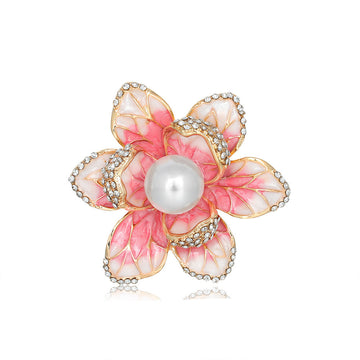 Blue and Pink Floral Brooches with Pearl-Look Centers