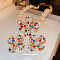Multicolor Crystal Pearl Flower Clip Earrings and White Necklace view 1