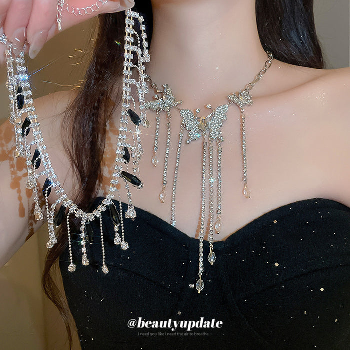 Crystal Fringe Statement Necklace in Black and Silver Tones