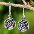 Antique Silver Rose Flower Drop Earrings Fishhook Pair Metal view 1