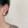 Geometric Square Metal Frame Pearl Stud Earrings Pair view 2
