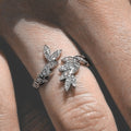 Silver Tone Crystal Leaf Wrap Ring with Polished Metal Finish view 1