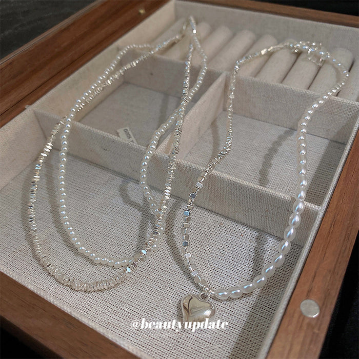 Silver Pearl Chip Bead Necklaces Heart Pendant Three Styles