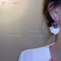 Gold Tone Blue Beaded Fan Shell Disc Drop Earrings view 2