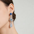 Blue Butterfly Floral and Pale Teardrop Dangle Stud Earrings view 1