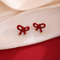 Glossy Red Ribbon Bow Gold Tip Delicate Small Stud Earrings view 1