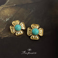 Gold Four Petal Flower Turquoise Cabochon Stud Earrings view 1