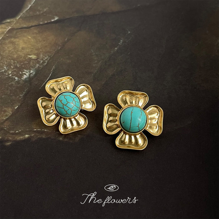 Gold Four Petal Flower Turquoise Cabochon Stud Earrings