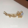 Gold Pearl Flower Stem Rhinestone Brooch Pin Lapel view 2