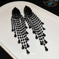 Black Crystal Beaded Waterfall Fringe Statement Stud Earrings view 4
