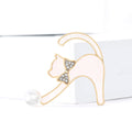 Shell Cat Brooch in Metal with Gold-tone Cat Outline with a Pearl and Crystal Bow view 2