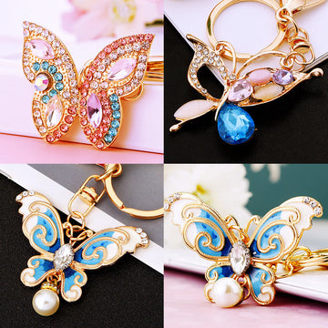 Mixed Pearl Crystal and Mini Butterfly Keychains in Three Pictured Constructions