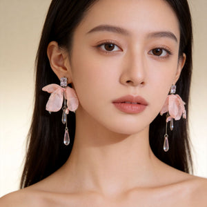 Sheer Fabric Petal Dangle Earrings with Teardrop Drops, Three Colors