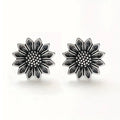 Antique Silver Tone Sunflower Stud Earrings with Textured Centers view 2