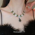 Green Leaf Flower And Teardrop Crystal Earrings And Necklace In Silver Tone view 1
