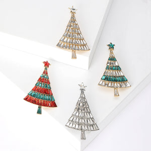 Baguette Rhinestone Christmas Tree Brooch Star Top Pin