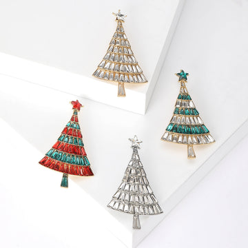 Baguette Rhinestone Christmas Tree Brooch Star Top Pin