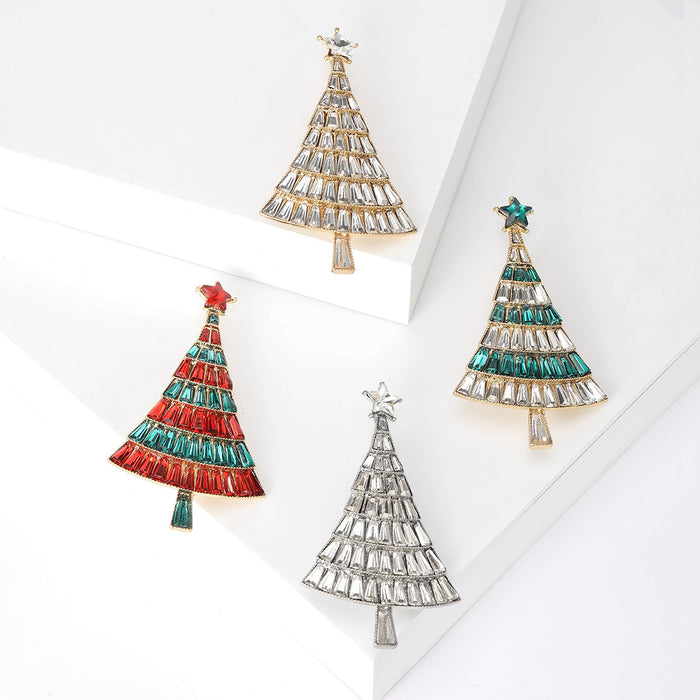 Baguette Rhinestone Christmas Tree Brooch Star Top Pin