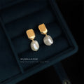 Gold Tone Rectangular Stud And Irregular White Pearl Drop Earrings view 3