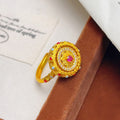 Gold Round Filigree Flower Disc Open Ring Red Center Stone view 6
