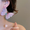 Pink Fabric Butterfly Pearl Drop Earrings Fashion Jewelry Accessory view 3