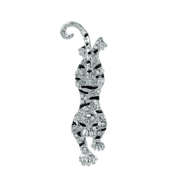 Silver Tone Tiger Crystal Metal Brooch Pin for Jackets and Lapels