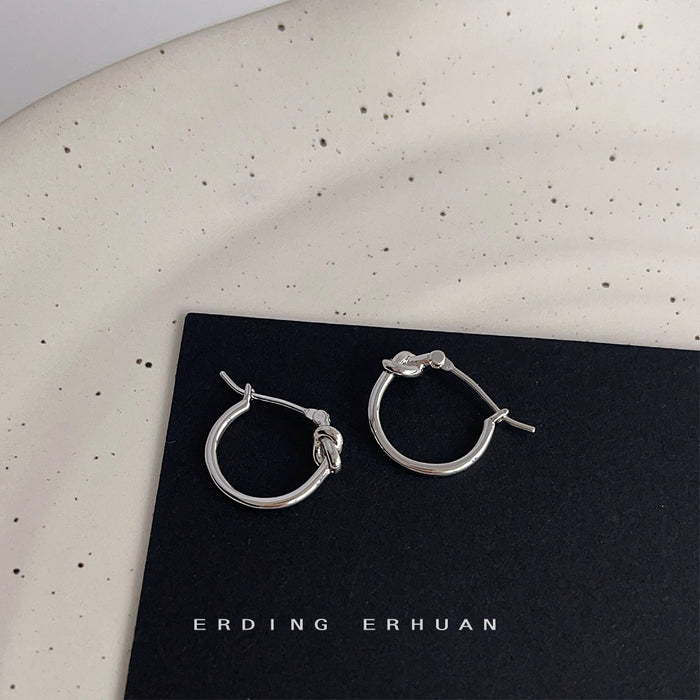 Silver Knot Small Huggie Hoop Earrings Latch Closure Metal