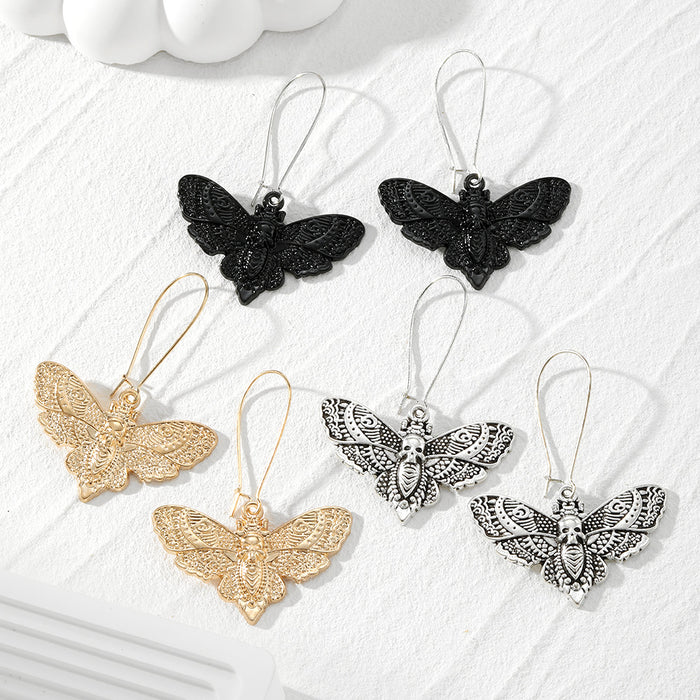 Moth Long Wire Drop Earrings in Antique Silver Black and Gold Tone