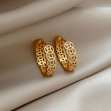 Gold Tone Textured Openwork Coin Pattern Hoop Earrings
