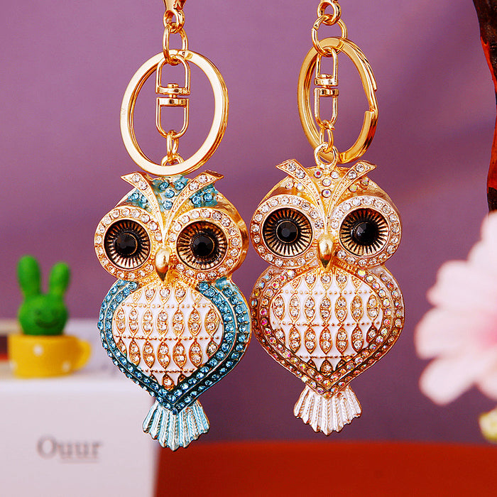 Jeweled Heart Owl Keychains in Pink Blue and White Color Options