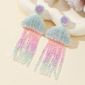 Blue Beaded Jellyfish Drop Earrings With Pastel Fringe Tassels view 2