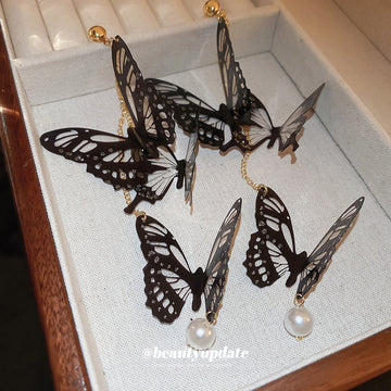 Black Butterfly Cascade Earrings With Pearl Drop Decorative Jewelry