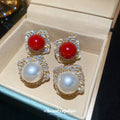 Crystal Border Round Stud Earrings in Red or Pearl White view 1