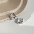 Silver Tone Mirror Polished Rectangular Huggie Hoop Earrings view 3
