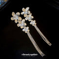 Floral Crystal Tassel Earrings with Silver Tone Chain Strands view 2
