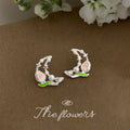 Silver Tone Clear Stone Crescent Pink Flower Green Leaf Stud Earrings view 3
