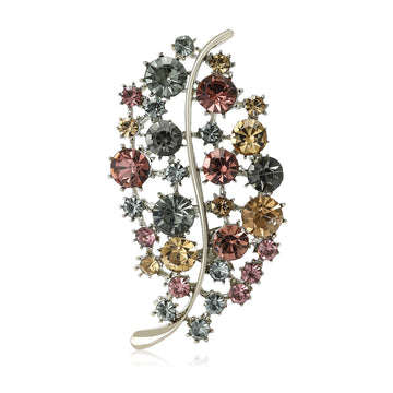 Multicolor Crystal Oval Leaf Brooch with Curved Stem