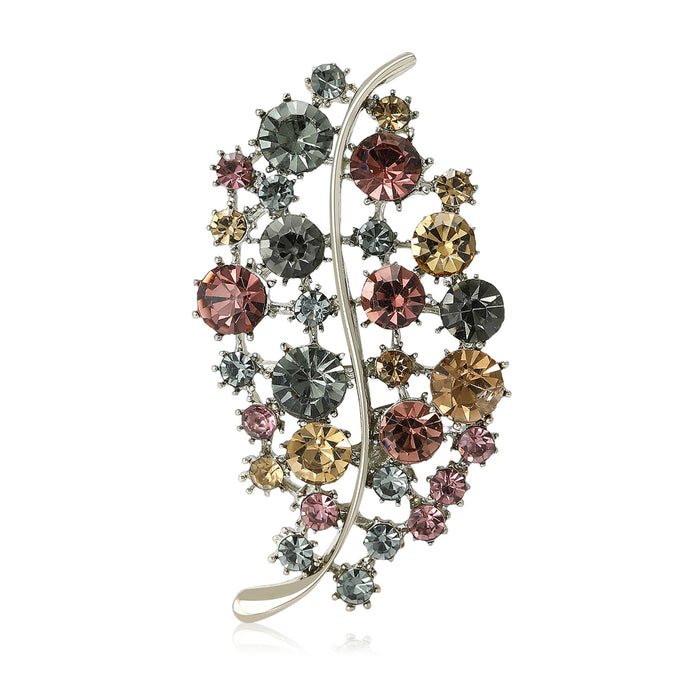 Multicolor Crystal Oval Leaf Brooch with Curved Stem