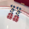 Blue Floral Red Double Happiness Long Stud Earrings view 2