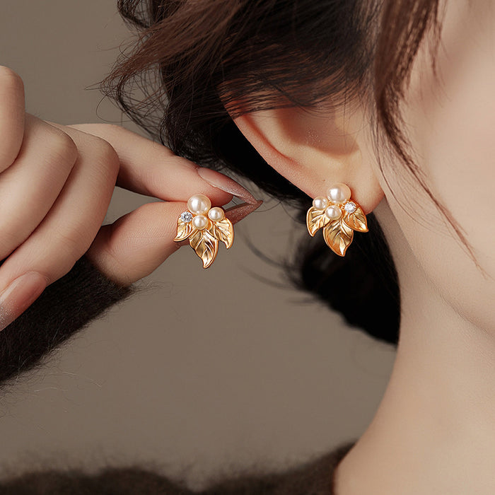 Gold Leaf And White Pearl Cluster Stud Earrings Statement Jewelry