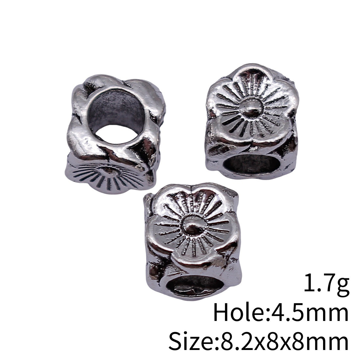 8.2x8x8mm 1.7g Antique Silver Zinc Alloy Four-Sided Flower Large Hole Beads for Bracelet Jewelry Making